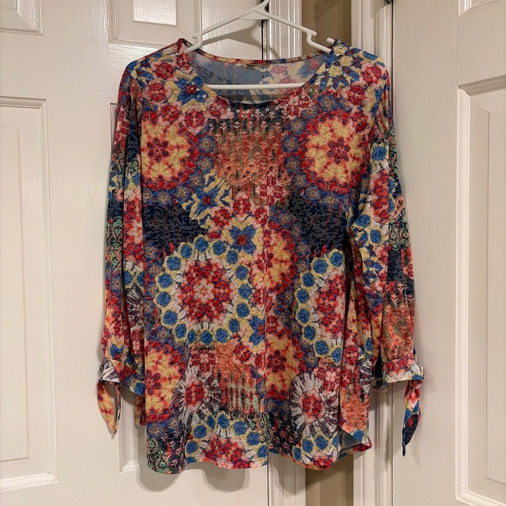Ruby Rd Womens XL Paisley 3/4 Sleeve Top Multicolor Rhinestone Embellished 59656
